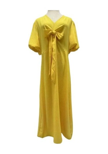 Yazlık Maksi Elbise V Yaka Bağcıklı Bel Kabarık Kollu Düz Renk Bol Beyaz