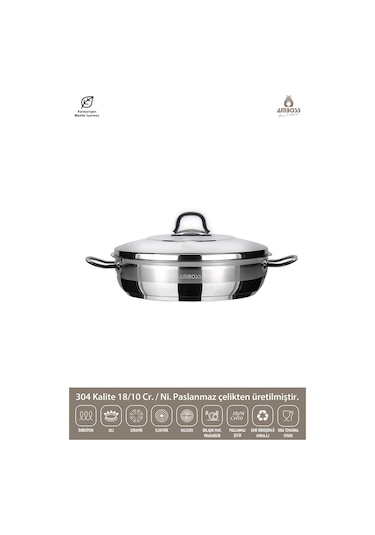 Saphire Paslanmaz Çelik Basık Tencere 34x12 - Çelik Kapak Gri