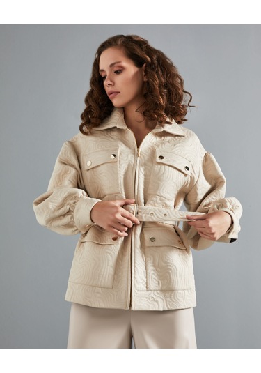 Kısa Kadın Mont - Cepli Ve Kemerli - Modern Ve Şık Tasarım - Günlük Ve Özel Gün İçin Mont Bej