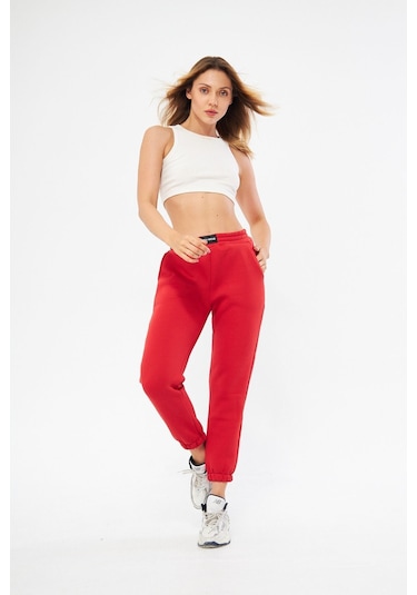 Lesa Wear Yüksel Bel Jogger Şardonlu Eşofman Altı Paçası Lastikli Kırmızı