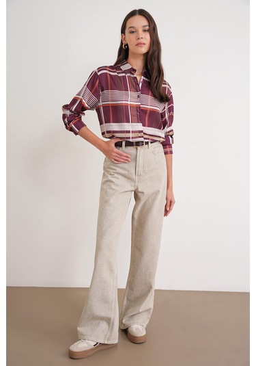 4751 Kadın Ekose İnce Saten Gömlek Bordo Bordo