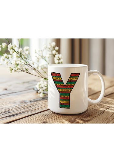 Y Harfi Etnik Desenli Kupa - Afrika Tarzı Kahve Çay Kupası - Hediyelik - Black History Beyaz