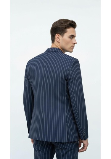 Plus Scorpion Lacivert Çizgili Erkek Kruvaze Blazer Ceket İtalyan Kesim, Modern Ve Klasik Şıklık Lacivert