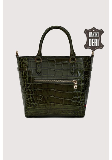 Hakiki Deri Kadın El Çantası Yeşil Kroko Smr7922 Yeşil Kroko