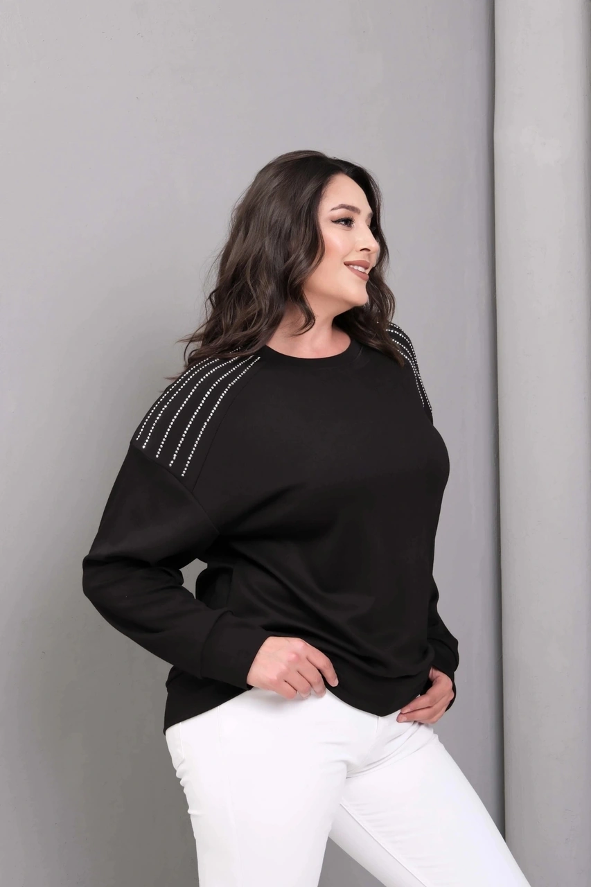 Omuzlar Taş Baskılı Sweatshirt Siyah