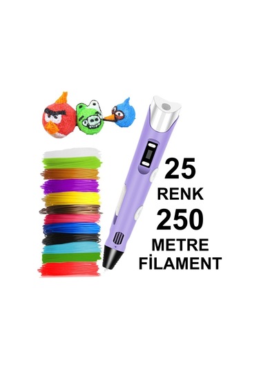 Mor 3D Kalem Yazıcı+25 Renk 250 Metre (25X10Metre) Pla Filament