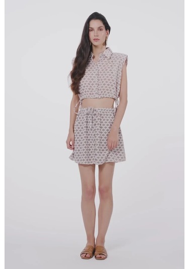 Modern Etnik Desenli Yüksek Bel Mini Etek Ve Bağlamalı Bluz Yazlık İkili Takım Kahve