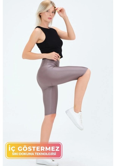 Enenstyle Fashıon Boutıque Yeni Sezon Özel Üretim Toparlayıcı Yüksek Bel Parlak Kumaş Iç Göstermeyen Dizüstü Spor Tayt Gri