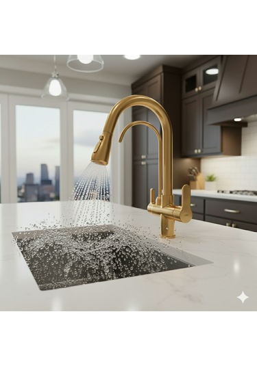 0650 Arıtmalı Spiralli Mutfak Bataryası Siyah Beyaz Krom Gold Renk Gold