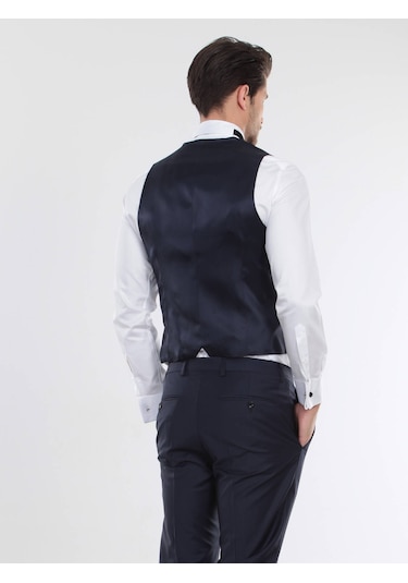 Kip Saks Fitted Fit Şal Yaka Klasik Yelek Saks