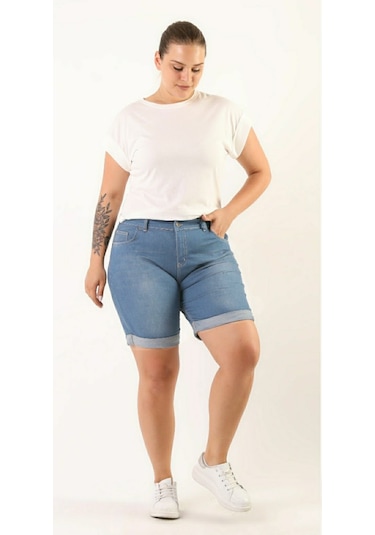 Kadın Büyük Beden Duble Paça Kot Şort Mavi Açık Mavi