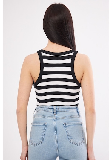 Mea Capio Kadın Siyah Beyaz Çizgili Fitilli Likralı T-shirt Halter Yaka Örme Atlet Siyah - Siyah