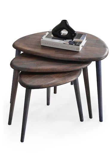 Masif Doğal Ahşap Zigon Sehpa 3'lü Set, Modern Antrasit Yan Sehpa