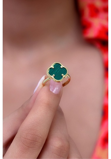 14k Altın Kaplamalı 925 Ayar Gümüş Granada Saray Yoncası Yüzük - Yeşil 34025200 Altın