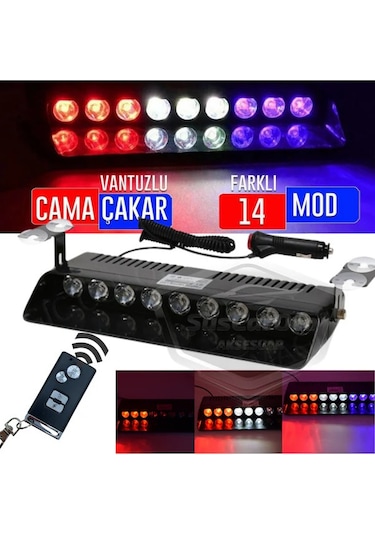 9 Ledli Cam Içi Çakar Vantuzlu Çakar. Lamba Kırmızı-beyaz-mavi