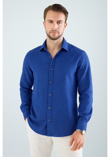 Rahat Kesim Keten Dokulu Gömlek Saks Mavisi