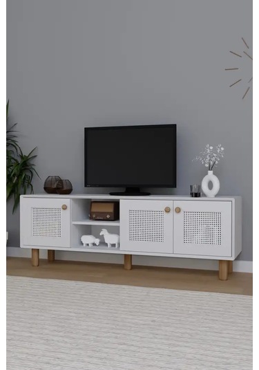 Bohem Serisi Natura Mat Beyaz Pvc Hasır Desen Tv Ünitesi Beyaz