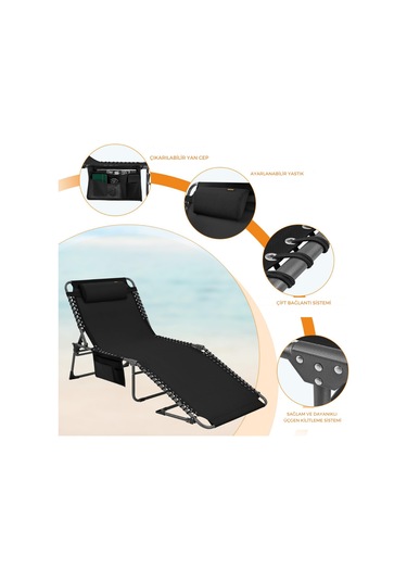 Kingcamp Hamburg Cool Plus 5 Kademeli Katlanır Şilteli Şezlong Black & Grey Siyah
