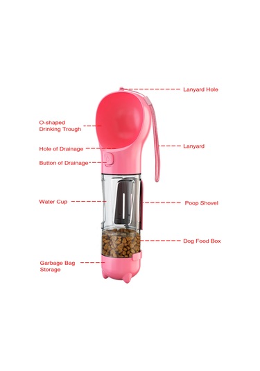 Xiyyadms Taşınabilir 4 Ü 1 Arada Köpek Su Kabı - 300ml, Gıda Saklama, Çöp Torbası Ve Kürek Dahil - Pembe Renk Seçeneği