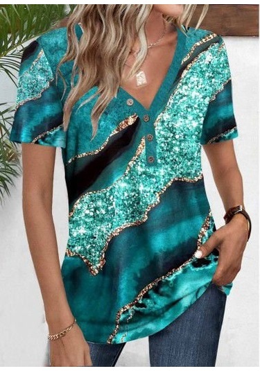 Leyla Sanat Sanata Yeni Bir Bakış Açısı Kadın Kısa Kollu V Yakalı Önden Düğmeli Baskılı Süprem Bluz Mavi