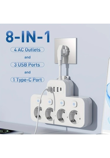 Xuweiwei 8li Güç Şeridi Siyah 4 Ac Çıkış 3 Usb Bağlantı 1 Tip-c Kompakt Duvara Monte Edilebilir Ofis Ev Seyahat İçin Avrupa Standart Fiş