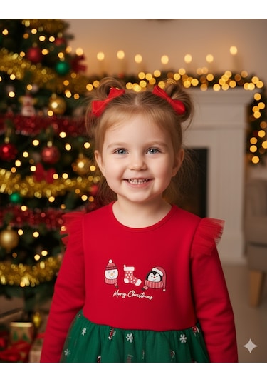 Kız Çocuk Snowman And Penguın Tüllü Yılbaşı Elbise Nbk-24915 Kırmızı