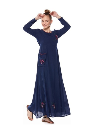 Şile Bezi Lacivert Uzun Kollu Nakış Detaylı Elbise