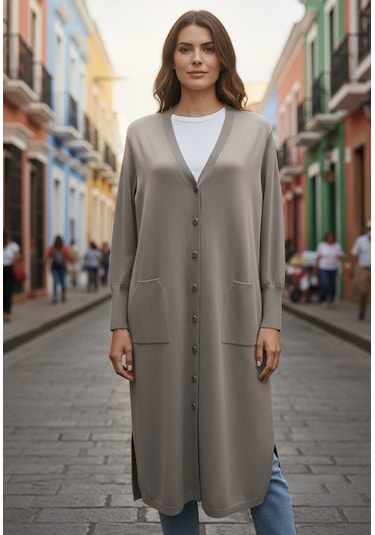 Kadın Önü Düğmeli V Yaka Cepli Mevsimlik Hırka Vizon