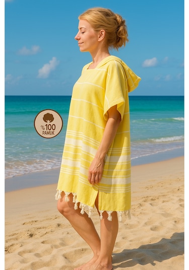 %100 Pamuk Yetişkin Peştemal Panço Bornoz Plaj Havlusu Sarı L-xl Sarı