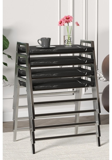 Zigon Sehpa , Aden 4'lü Tepsi Zigon Sehpa Takımı Gümüş Metal - Siyah Mermer Tabla Gümüş-siyah Mermer