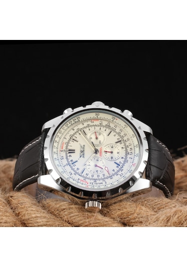 Erkek Otomatik Mekanik Saat Deri Kayış Moda Kol Saati Takvim Tarih Göstergesi Beyaz Diğer
