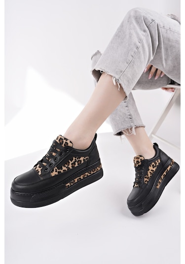 Muggo Zarina Kadın Kalın Taban Leopar Desenli Bağcıklı Günlük Sneaker Spor Ayakkabı Siyah