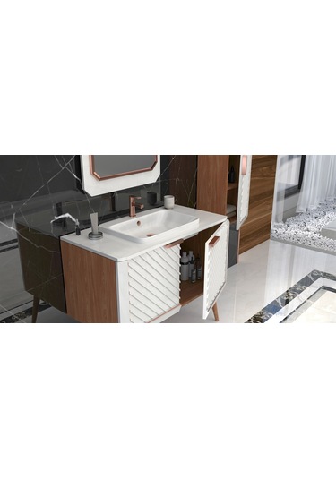 Migella 100Cm Banyo Dolabı-Beyaz/Meşe(Boy Dolap Dahil )