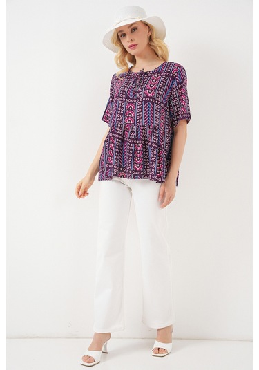 Kadın Desenli Kısa Kol Bluz 969 - Bordo bordo