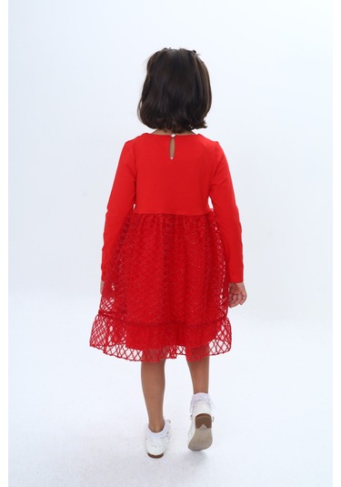 Toontoy Kız Çocuk Fırfırlı Tüllü Elbise Kırmızı