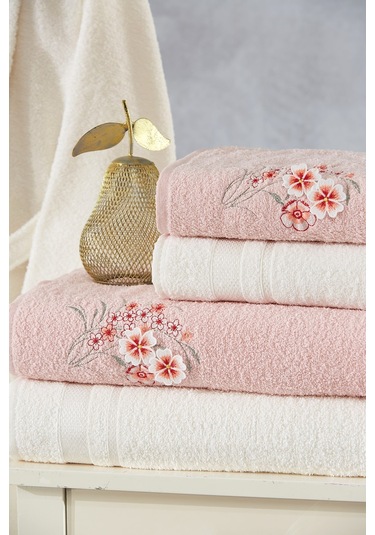 Family Nakışlı Pembe & Krem Aile Bornoz Seti 6 Parça Çeyizlik Kad