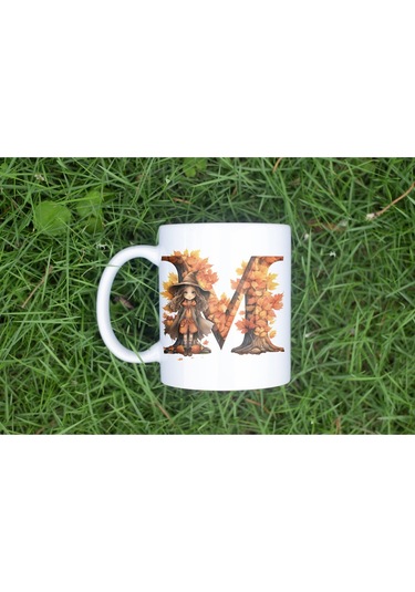M Harf Sonbahar Yaprak Temalı Kupa Bardak - Sevimli Figürler İle Alfabe Harfli Bardak - Kişiye Özel Beyaz