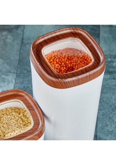 Ceronni Bonny Erzak Saklama Kabı 3lü Set Ahşap Kaplama Kapak Renkli Hazne 1,8lt - 1lt - 600ml Koyu Ahşap Ahşap