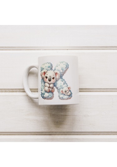 K Harfi Tasarım Bardak, Sevimli Hayvan Temalı Harf Bardağı Beyaz