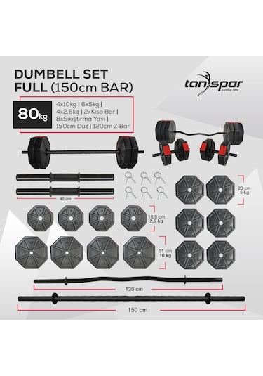 Tanspor 80 KG Dambıl Halter Full Kısa Bar + Z Bar + Düz Bar Seti Kırmızı Kapaklı