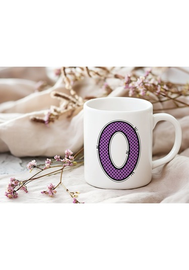 O Harfi Mor Puantiyeli Kupa Bardak - Polka Dot Tasarım Kahve Çay Bardak - Kişiye Özel Hediyelik Beyaz