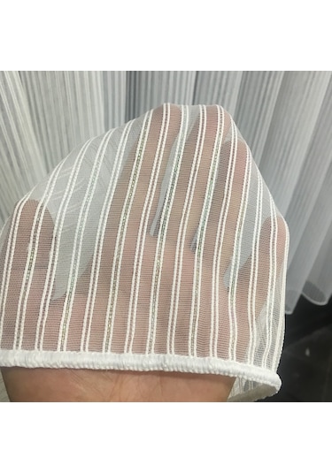 Perdefony Sedef Simli Çift Çizgili Tül Perde