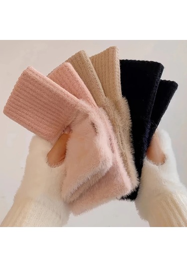 Autumn Winter Soft Mink Fleece Half Finger Gloves Women Plush Çok Renkli
