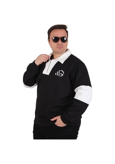 Starbattal Büyük Beden Polo Yaka Fermuarlı Sweat Double Face 25709 Sıyah Siyah