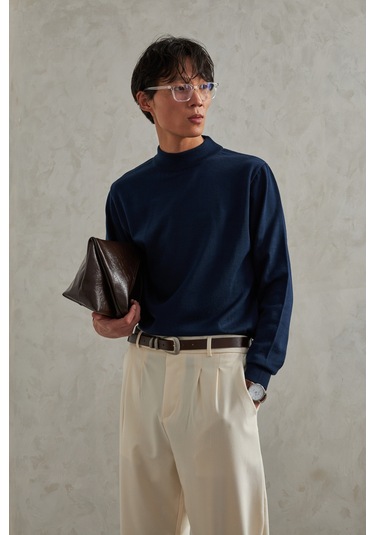 Erkek Yarım Balıkçı Oversize Basıc Triko Kazak Lacivert