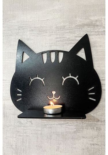 Dekoratif Kedi Duvar Rafı 3 Lü Set 20 Cm Duvar Mumluğu Siyah
