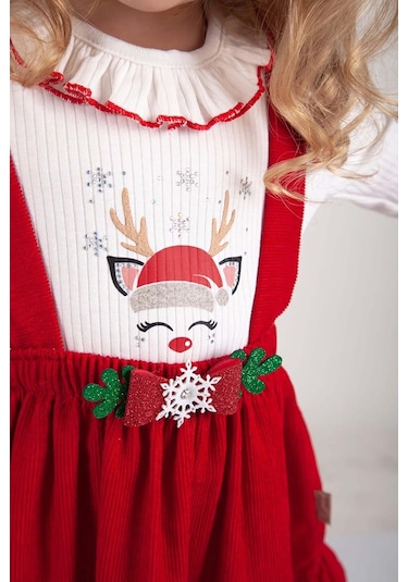 Yıl Başı Temalı Kız Çocuk Geyik Desenli Badili Salopet Elbise Kırmızı