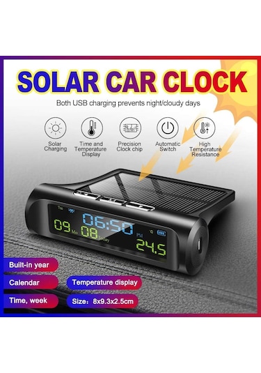 Ximistore9 Araç Güneş Enerjili Saat - Zaman, Tarih, Sıcaklık Ölçer - 3 Seviye Parlaklık Ayarlı - Usb Ve Güneş Şarjlı - Kolay Kurulum C01