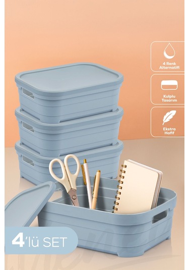 Vienev 4'lü Kapaklı 2,8 Litre Saklama Kutusu Mavi Mavi