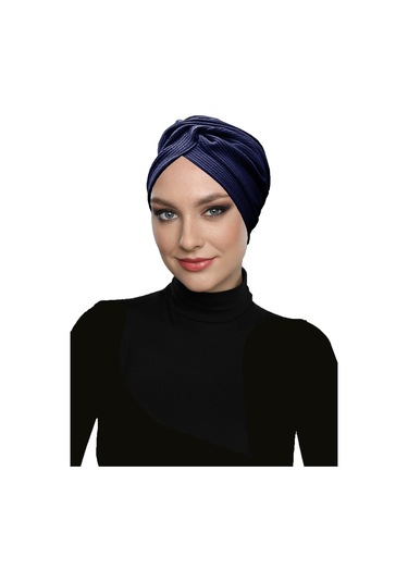 Çapraz Fitilli Penye Lacivert Hazır Türban Tesettür Havuz Bonesi Lacivert